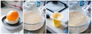 Para dar sabor a nuestro Roscón, usaremos zumo de naranja, ralladuras y un yogurt de soja sabor vainilla.