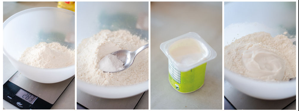 Mezlcamos la harina, levadura, sal y yogur de soja para hacer la masa del pan Naan sin horno.