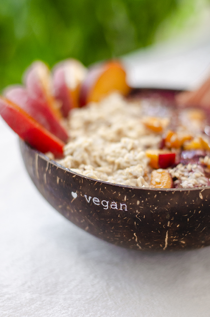 Coconut bowl de avena y helado casero de arándanos con rodajas de melocotón. Un desayuno vegano fácil, rápido y barato.