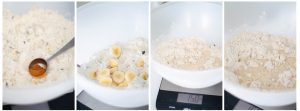 Añadimos la canela en polvo, la banana troceada y los líquidos: leche vegetal y margarina (o en su defecto el aceite de girasol)