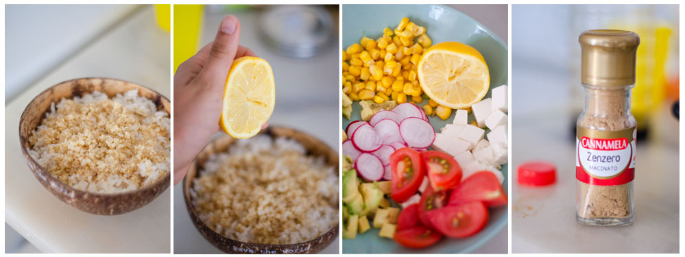 We mix the quinoa and the rice in the bowl, a splash lemon and add the toppings.
