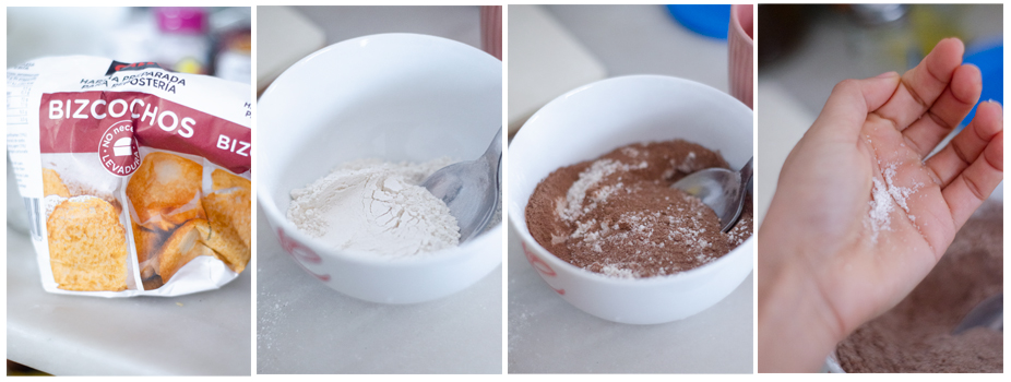 Mezclamos la harina con el cacao y una pizca de sal para la base de nuestro mug cake vegano