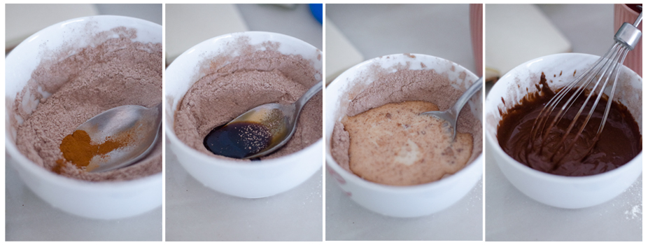 We add the liquid ingredients of the mug vegan cake