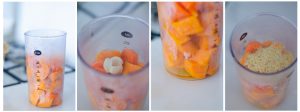 Trituramos el boniato y la zanahoria con ajo, aceite y levadura nutricional.