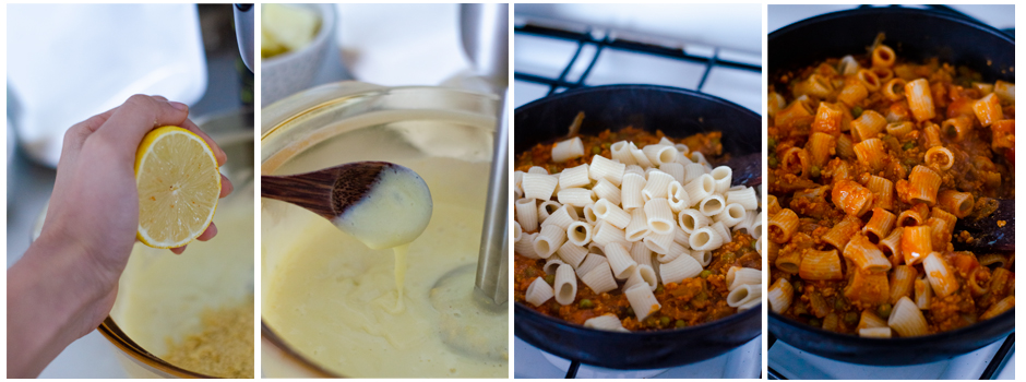 Trituramos el queso vegano de patata y mezclamos la salsa con la pasta.