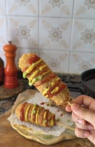 Corn Dogs coreanos en casa. Sin huevo. Veganos.